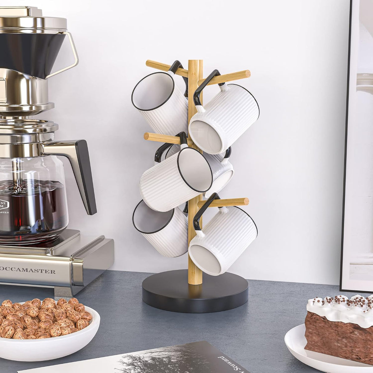 Coffee Mug Holder with 6 Hooks, Bamboo Mug Tree Stand for Countertop, Black
