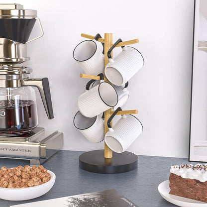 Coffee Mug Holder with 6 Hooks, Bamboo Mug Tree Stand for Countertop, Black