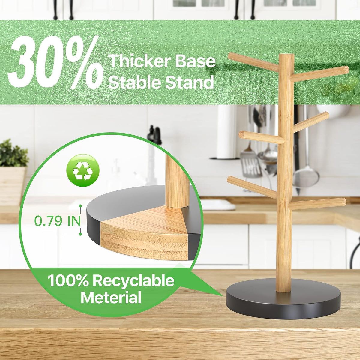 Coffee Mug Holder with 6 Hooks, Bamboo Mug Tree Stand for Countertop, Black