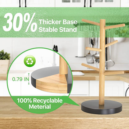 Coffee Mug Holder with 6 Hooks, Bamboo Mug Tree Stand for Countertop, Black