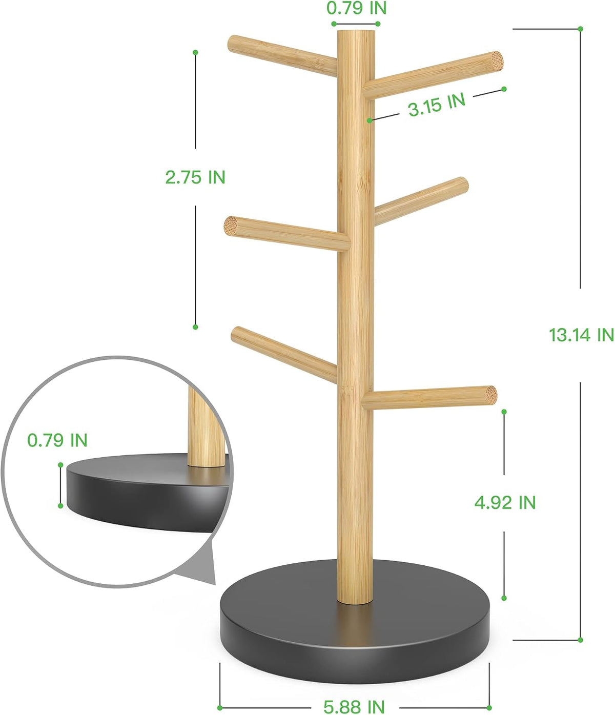 Coffee Mug Holder with 6 Hooks, Bamboo Mug Tree Stand for Countertop, Black