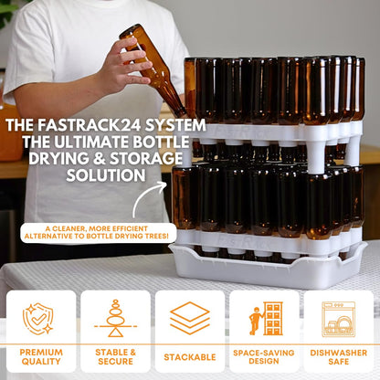 FASTFERMENT - 24-Bottle Drying Rack & Tray| Bottle Drying Tree Alternative | Dry & Store Your Wine or Bomber/Belgian Bottles | Stackable | White | Dishwasher Safe | Home Brewing Supplies