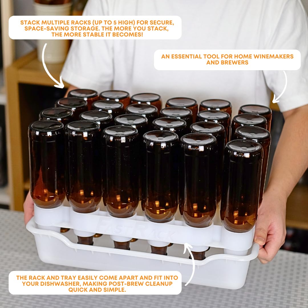 FASTFERMENT - 24-Bottle Drying Rack & Tray| Bottle Drying Tree Alternative | Dry & Store Your Wine or Bomber/Belgian Bottles | Stackable | White | Dishwasher Safe | Home Brewing Supplies
