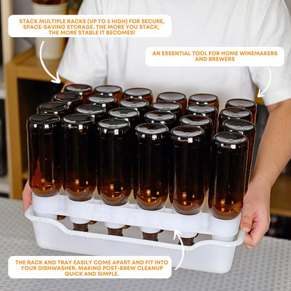 FASTFERMENT - 24-Bottle Drying Rack & Tray| Bottle Drying Tree Alternative | Dry & Store Your Wine or Bomber/Belgian Bottles | Stackable | White | Dishwasher Safe | Home Brewing Supplies
