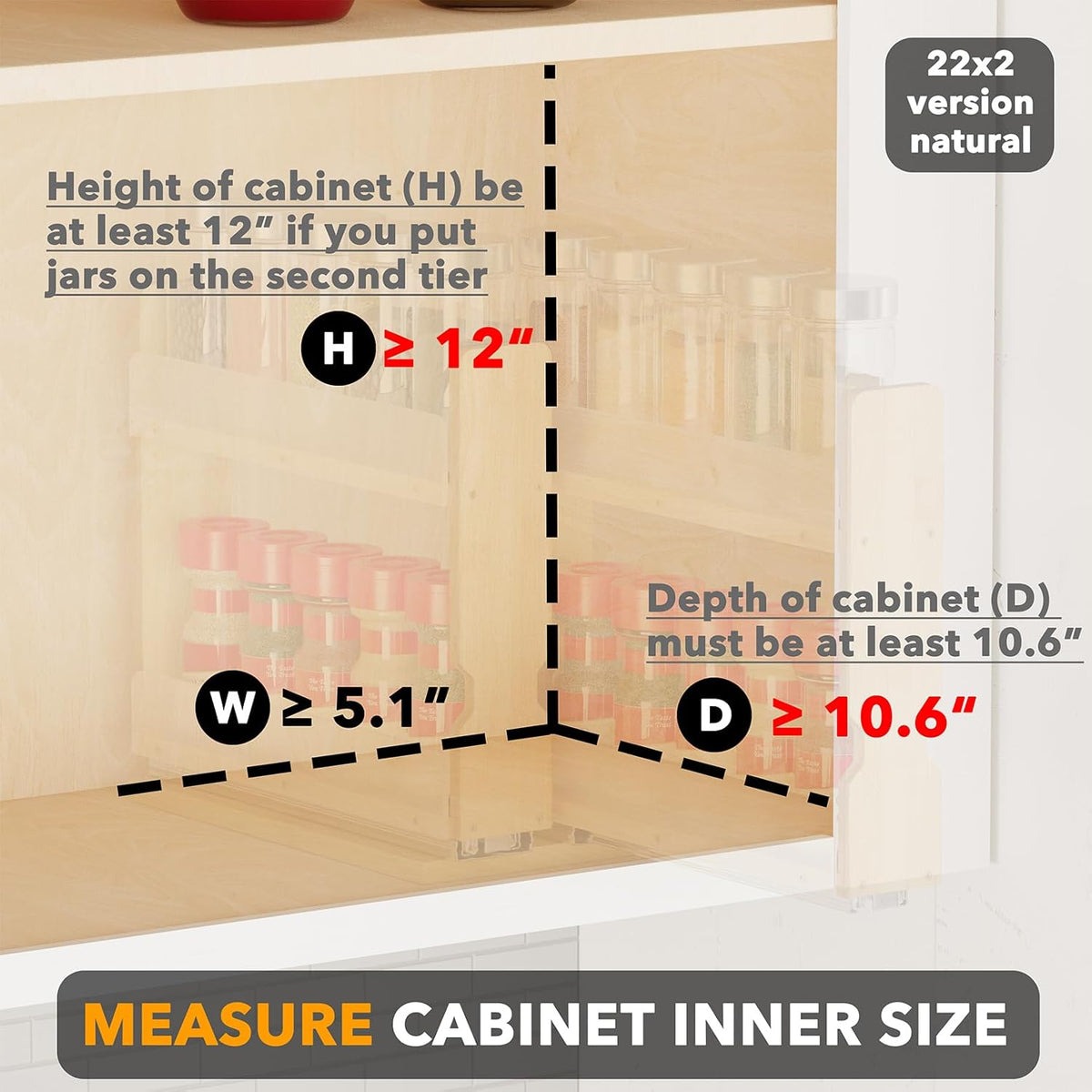 Bamboo Pull Out Spice Rack Organizer for Cabinet, Heavy Duty Slide Out Seasoning Kitchen Pantry Sliding Vertical Organization, 7.6" Wide, 3 Drawers(2" Wide), 2-Tier, Natural
