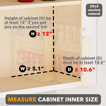 Bamboo Pull Out Spice Rack Organizer for Cabinet, Heavy Duty Slide Out Seasoning Kitchen Pantry Sliding Vertical Organization, 7.6" Wide, 3 Drawers(2" Wide), 2-Tier, Natural