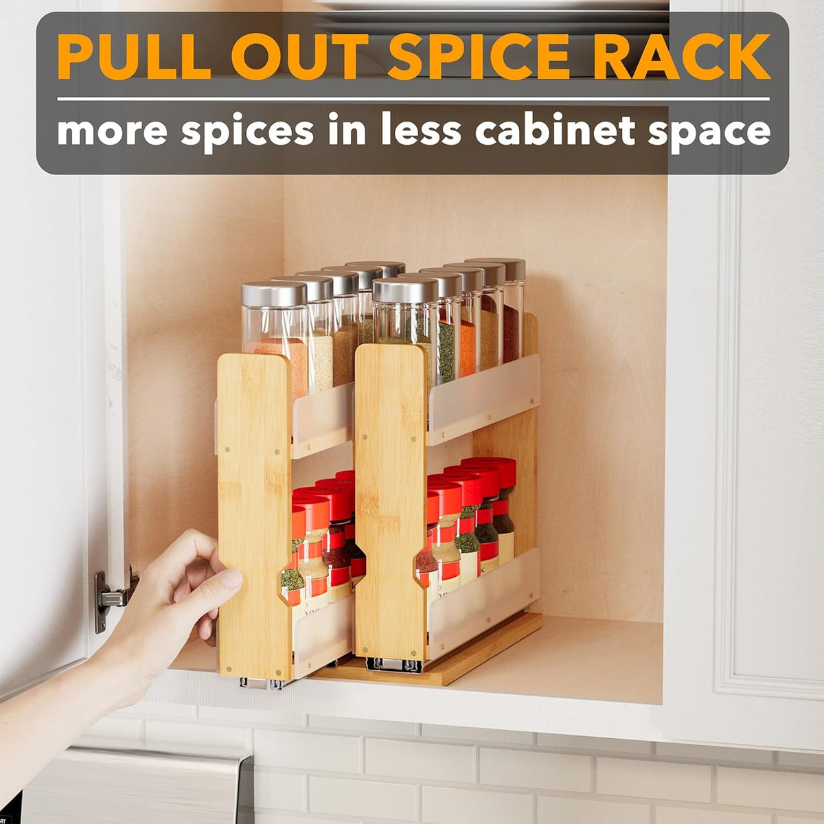 Bamboo Pull Out Spice Rack Organizer for Cabinet, Heavy Duty Slide Out Seasoning Kitchen Pantry Sliding Vertical Organization, 7.6" Wide, 3 Drawers(2" Wide), 2-Tier, Natural
