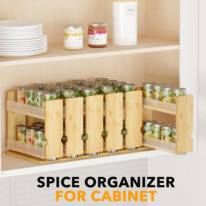 Bamboo Pull Out Spice Rack Organizer for Cabinet, Heavy Duty Slide Out Seasoning Kitchen Pantry Sliding Vertical Organization, 7.6" Wide, 3 Drawers(2" Wide), 2-Tier, Natural