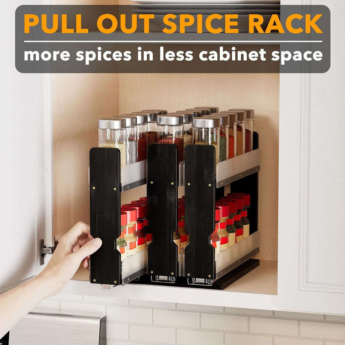 Bamboo Pull Out Spice Rack Organizer for Cabinet, Heavy Duty Slide Out Seasoning Kitchen Pantry Sliding Vertical Organization, 7.6" Wide, 3 Drawers(2" Wide), 2-Tier, Natural