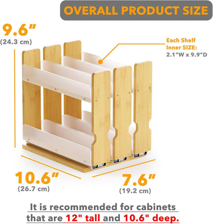 Bamboo Pull Out Spice Rack Organizer for Cabinet, Heavy Duty Slide Out Seasoning Kitchen Pantry Sliding Vertical Organization, 7.6" Wide, 3 Drawers(2" Wide), 2-Tier, Natural