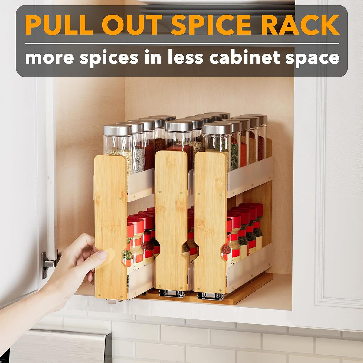 Bamboo Pull Out Spice Rack Organizer for Cabinet, Heavy Duty Slide Out Seasoning Kitchen Pantry Sliding Vertical Organization, 7.6" Wide, 3 Drawers(2" Wide), 2-Tier, Natural