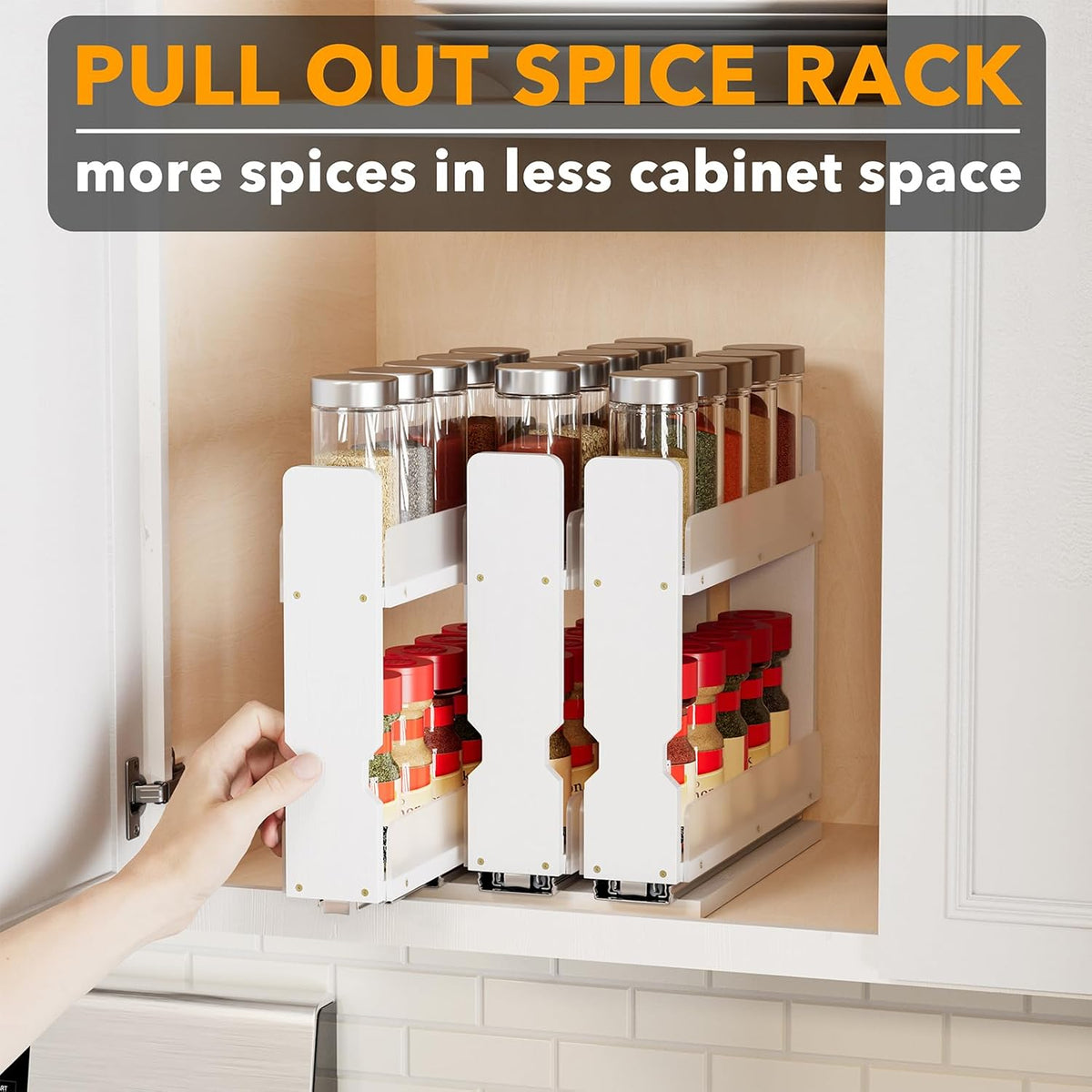 Bamboo Pull Out Spice Rack Organizer for Cabinet, Heavy Duty Slide Out Seasoning Kitchen Pantry Sliding Vertical Organization, 7.6" Wide, 3 Drawers(2" Wide), 2-Tier, Natural
