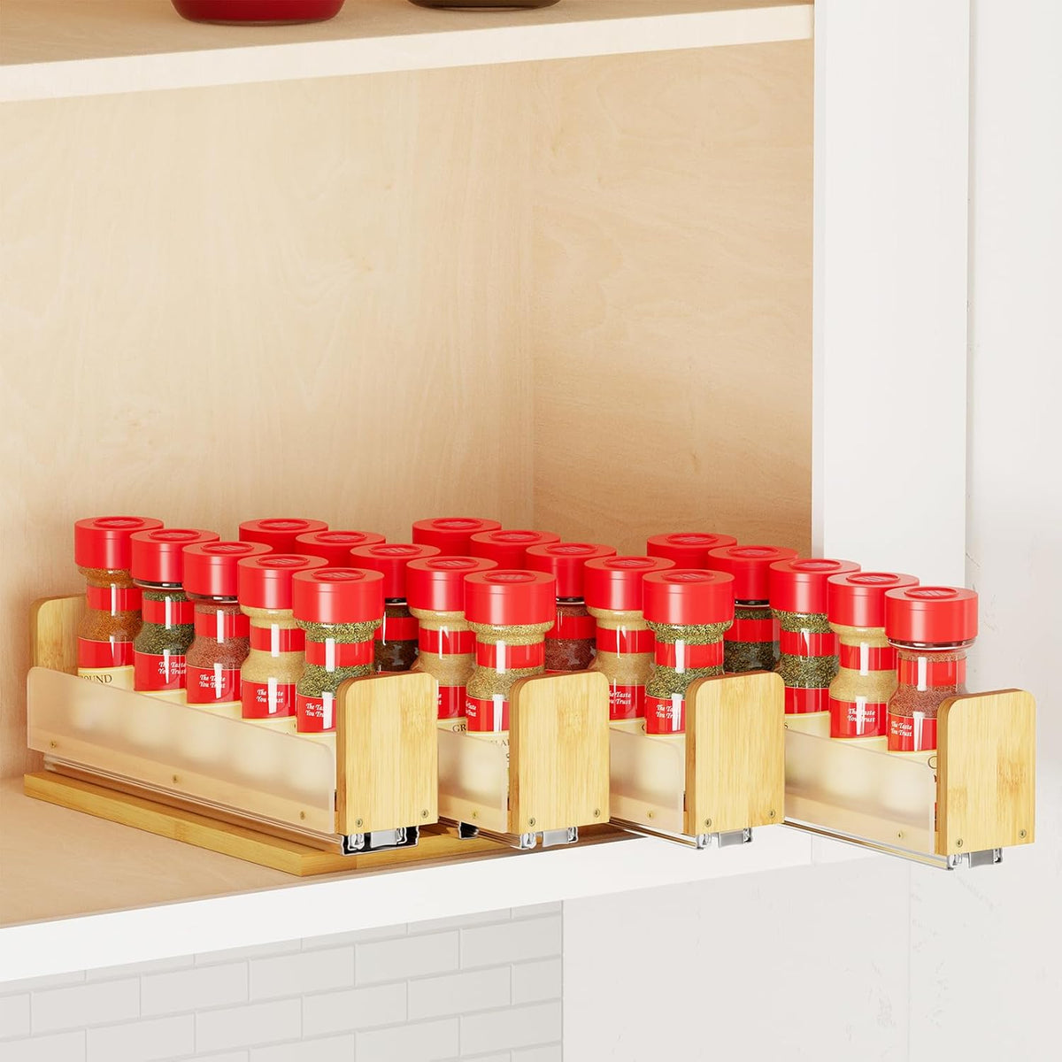 Bamboo Pull Out Spice Rack Organizer for Cabinet, Heavy Duty Slide Out Seasoning Kitchen Pantry Sliding Vertical Organization, 7.6" Wide, 3 Drawers(2" Wide), 2-Tier, Natural