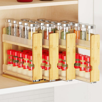 Bamboo Pull Out Spice Rack Organizer for Cabinet, Heavy Duty Slide Out Seasoning Kitchen Pantry Sliding Vertical Organization, 7.6" Wide, 3 Drawers(2" Wide), 2-Tier, Natural