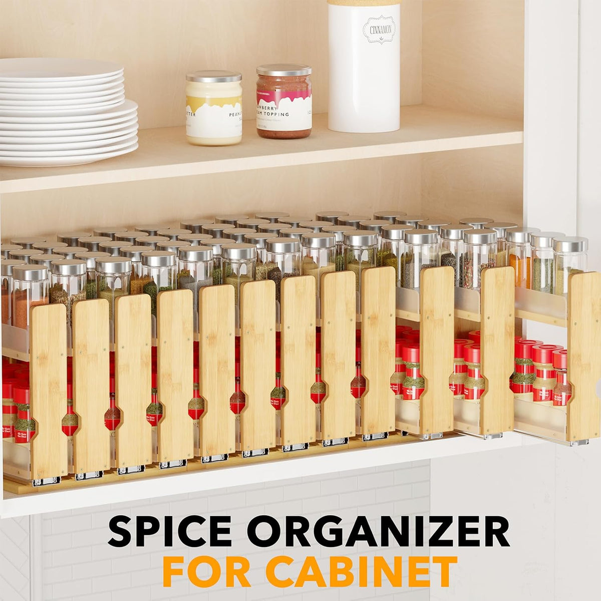 Bamboo Pull Out Spice Rack Organizer for Cabinet, Heavy Duty Slide Out Seasoning Kitchen Pantry Sliding Vertical Organization, 7.6" Wide, 3 Drawers(2" Wide), 2-Tier, Natural