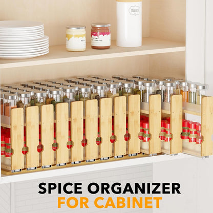 Bamboo Pull Out Spice Rack Organizer for Cabinet, Heavy Duty Slide Out Seasoning Kitchen Pantry Sliding Vertical Organization, 7.6" Wide, 3 Drawers(2" Wide), 2-Tier, Natural