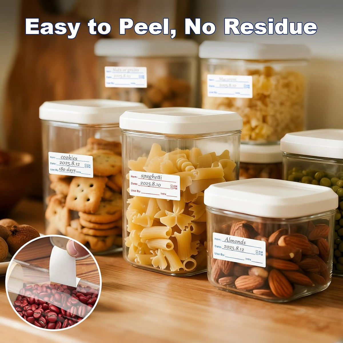 1200 Pieces Removable Food Labels Stickers, 2 Rolls 1x2 Inch | Freezer Labels for Food Containers, No-Residue, Easy Clean, Waterproof & Oil-Resistant Food Labels for Kitchen Restaurants