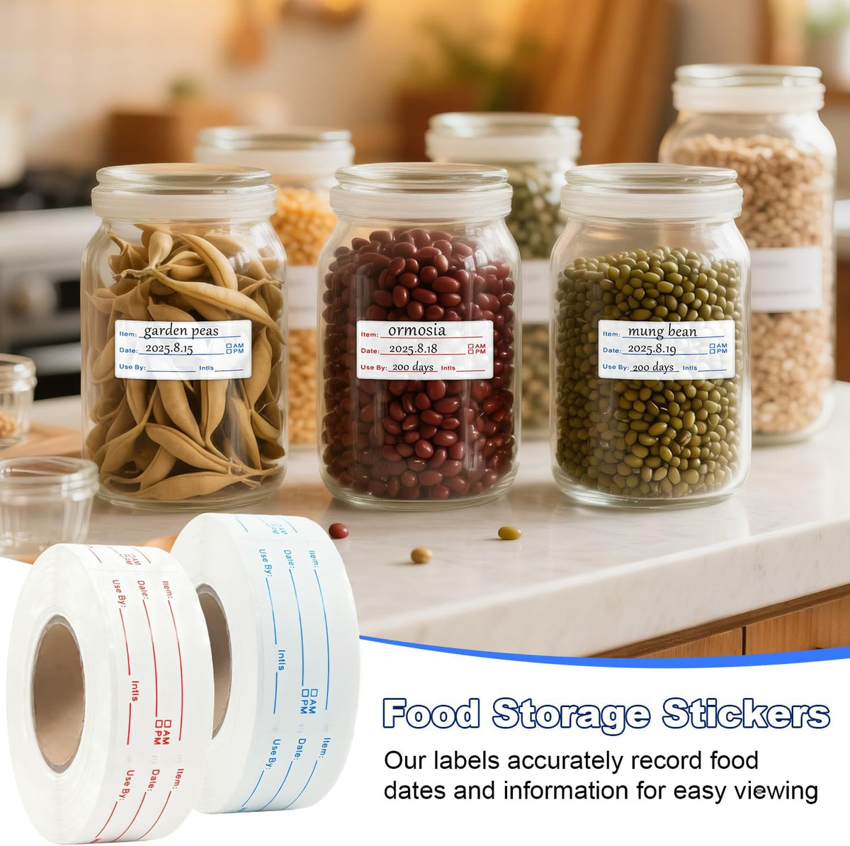 1200 Pieces Removable Food Labels Stickers, 2 Rolls 1x2 Inch | Freezer Labels for Food Containers, No-Residue, Easy Clean, Waterproof & Oil-Resistant Food Labels for Kitchen Restaurants