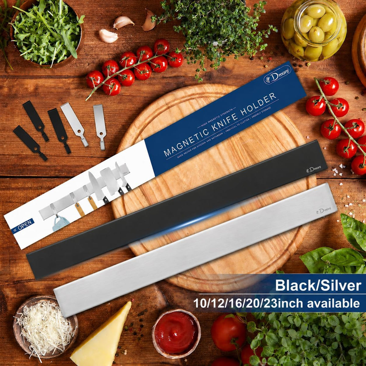 Dmore magnetic knife holder for wall—with 3 hooks, No Drilling, 16 Inch