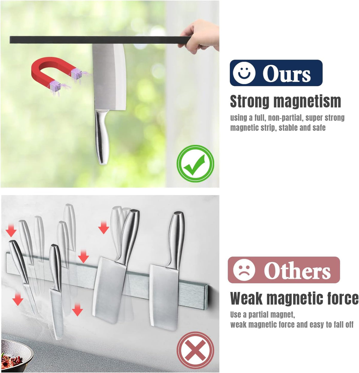 Dmore magnetic knife holder for wall—with 3 hooks, No Drilling, 16 Inch