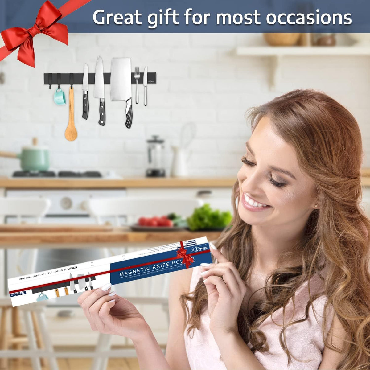 Dmore magnetic knife holder for wall—with 3 hooks, No Drilling, 16 Inch