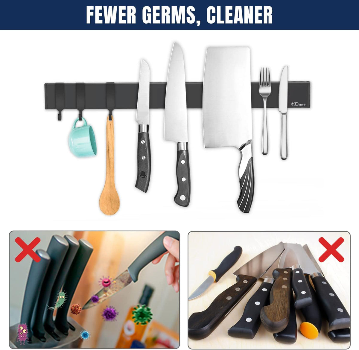 Dmore magnetic knife holder for wall—with 3 hooks, No Drilling, 16 Inch