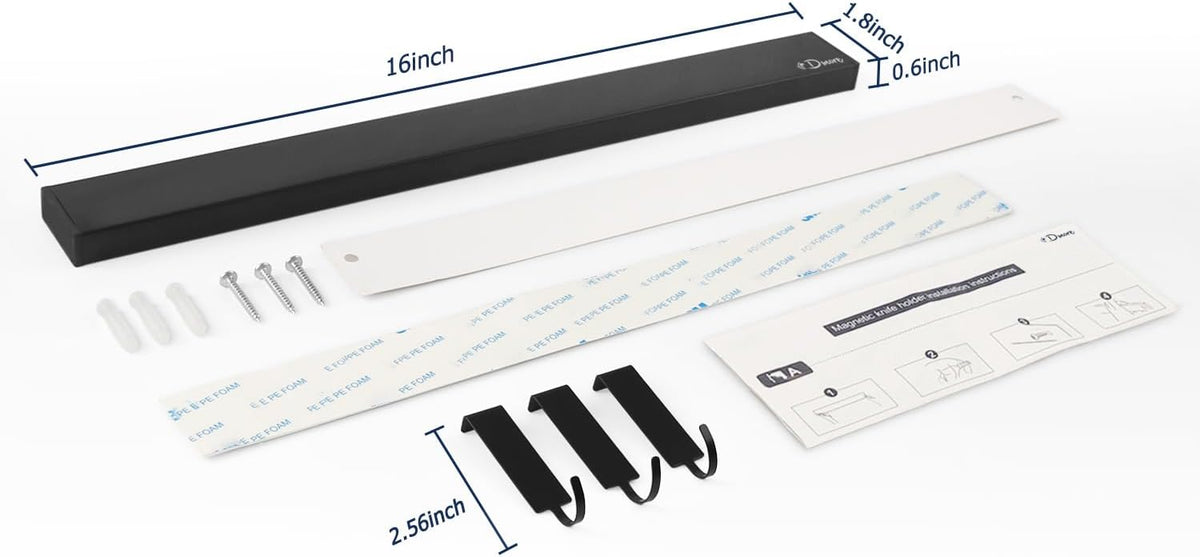 Dmore magnetic knife holder for wall—with 3 hooks, No Drilling, 16 Inch
