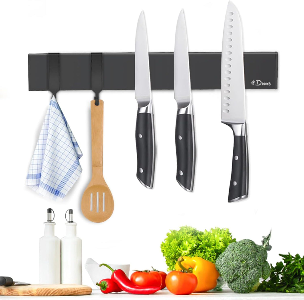 Dmore magnetic knife holder for wall—with 3 hooks, No Drilling, 16 Inch