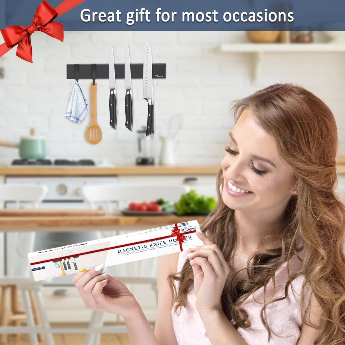 Dmore magnetic knife holder for wall—with 3 hooks, No Drilling, 16 Inch