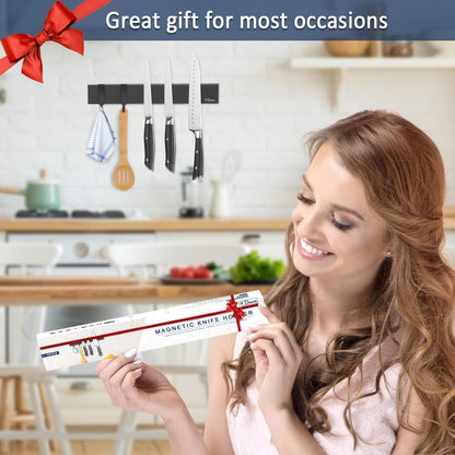 Dmore magnetic knife holder for wall—with 3 hooks, No Drilling, 16 Inch