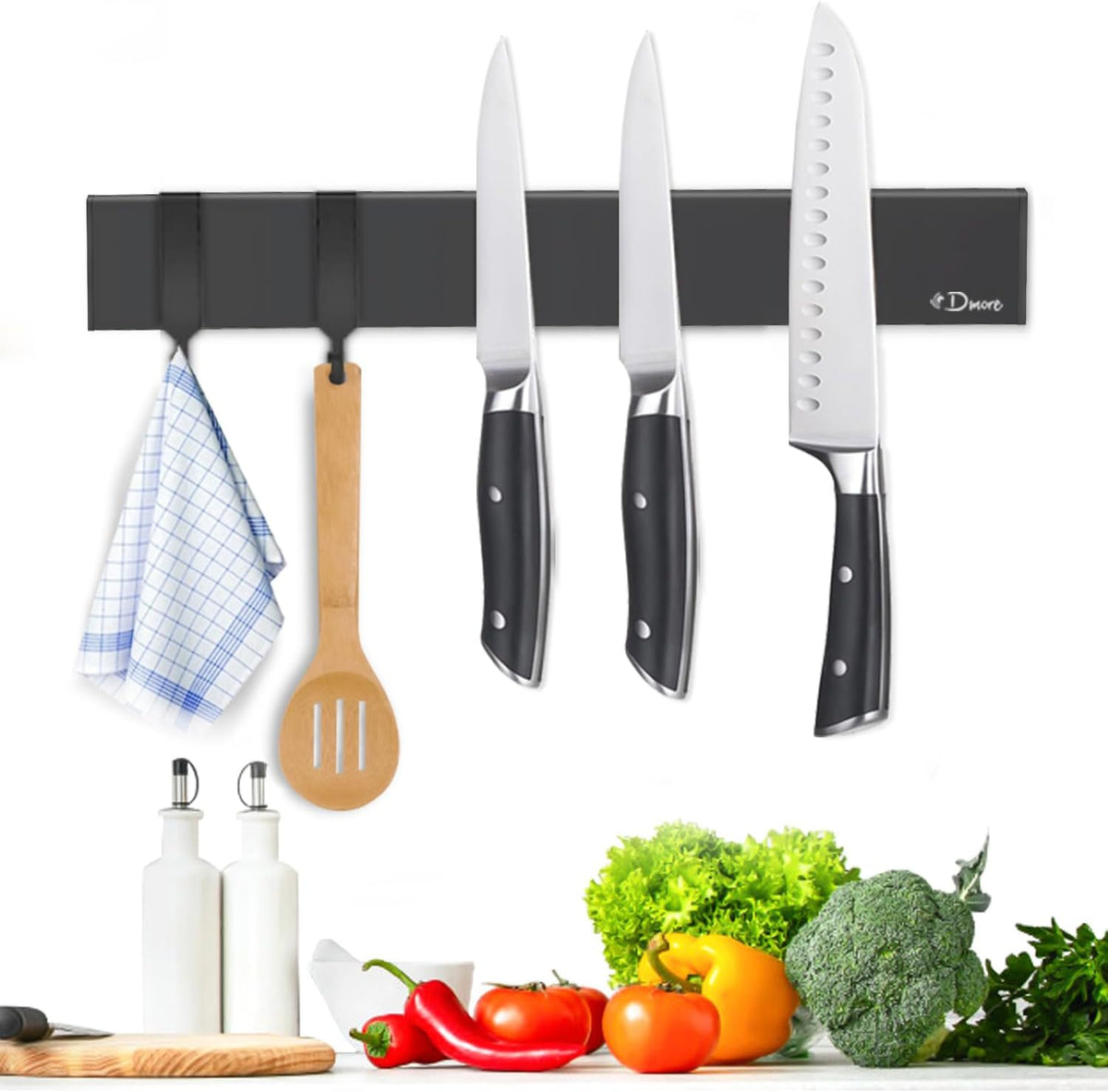 Dmore magnetic knife holder for wall—with 3 hooks, No Drilling, 16 Inch
