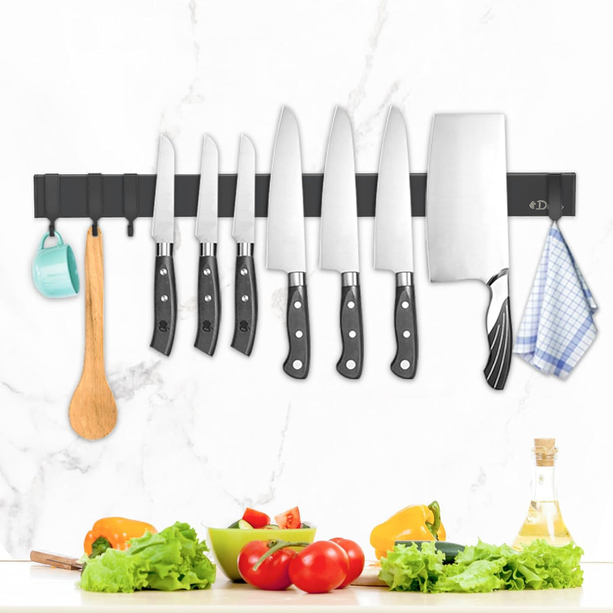 Dmore magnetic knife holder for wall—with 3 hooks, No Drilling, 16 Inch