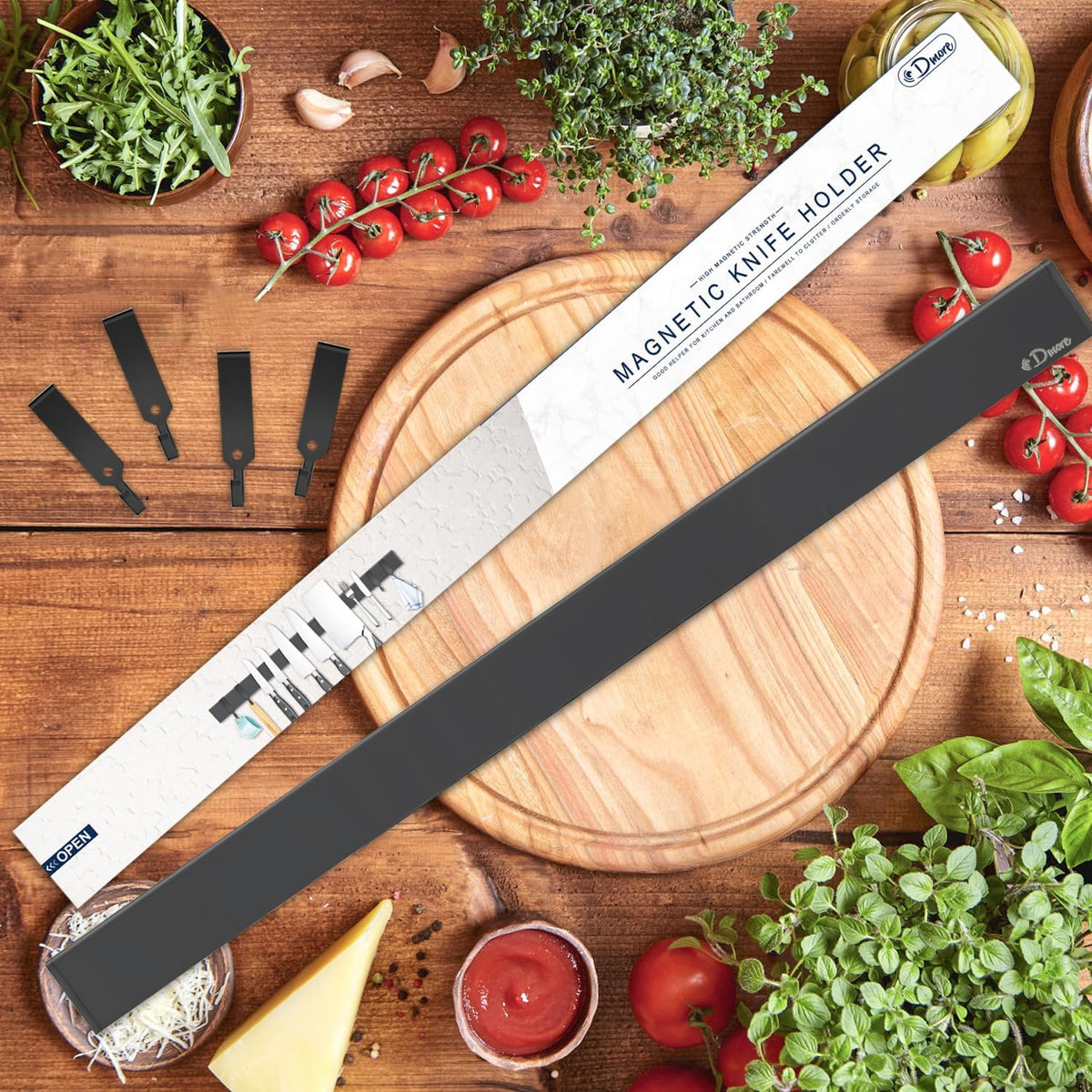 Dmore magnetic knife holder for wall—with 3 hooks, No Drilling, 16 Inch