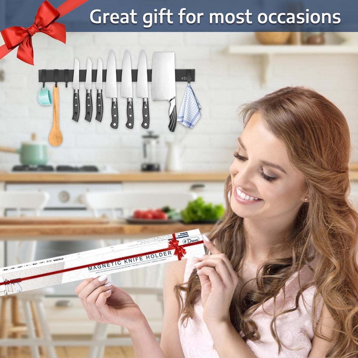 Dmore magnetic knife holder for wall—with 3 hooks, No Drilling, 16 Inch