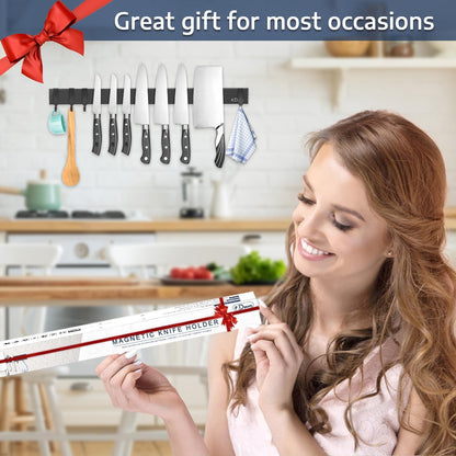Dmore magnetic knife holder for wall—with 3 hooks, No Drilling, 16 Inch