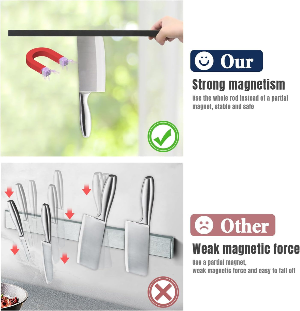 Dmore magnetic knife holder for wall—with 3 hooks, No Drilling, 16 Inch