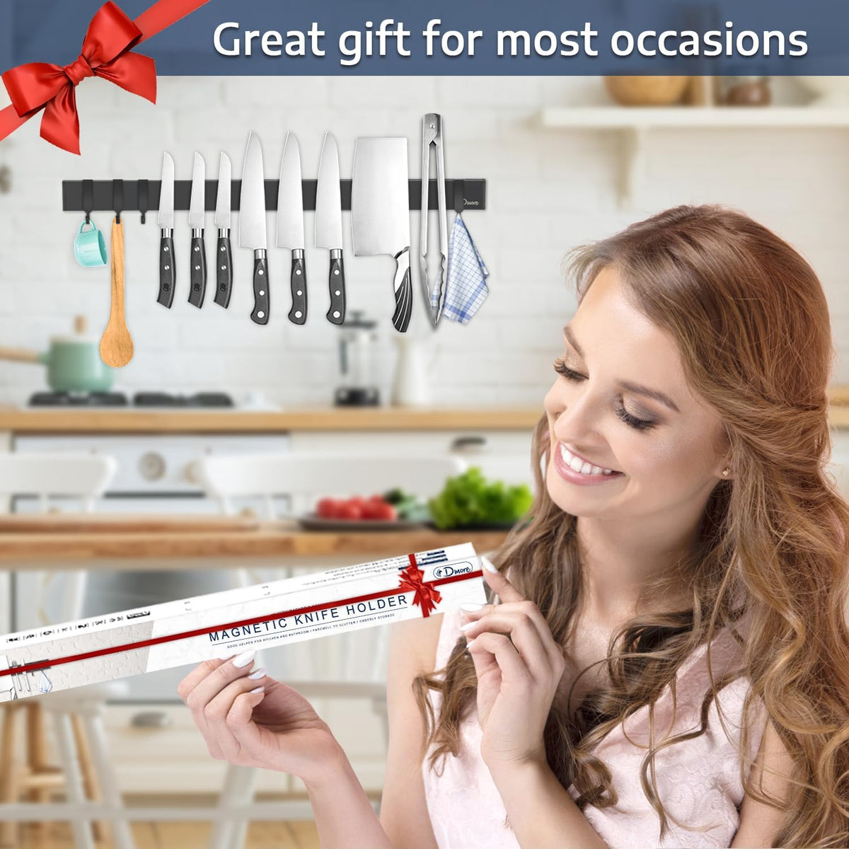 Dmore magnetic knife holder for wall—with 3 hooks, No Drilling, 16 Inch