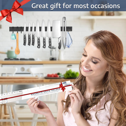 Dmore magnetic knife holder for wall—with 3 hooks, No Drilling, 16 Inch