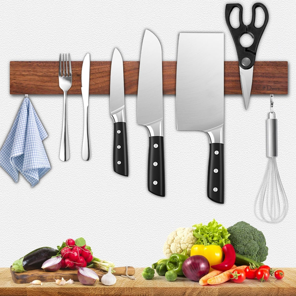 Dmore magnetic knife holder for wall—with 3 hooks, No Drilling, 16 Inch