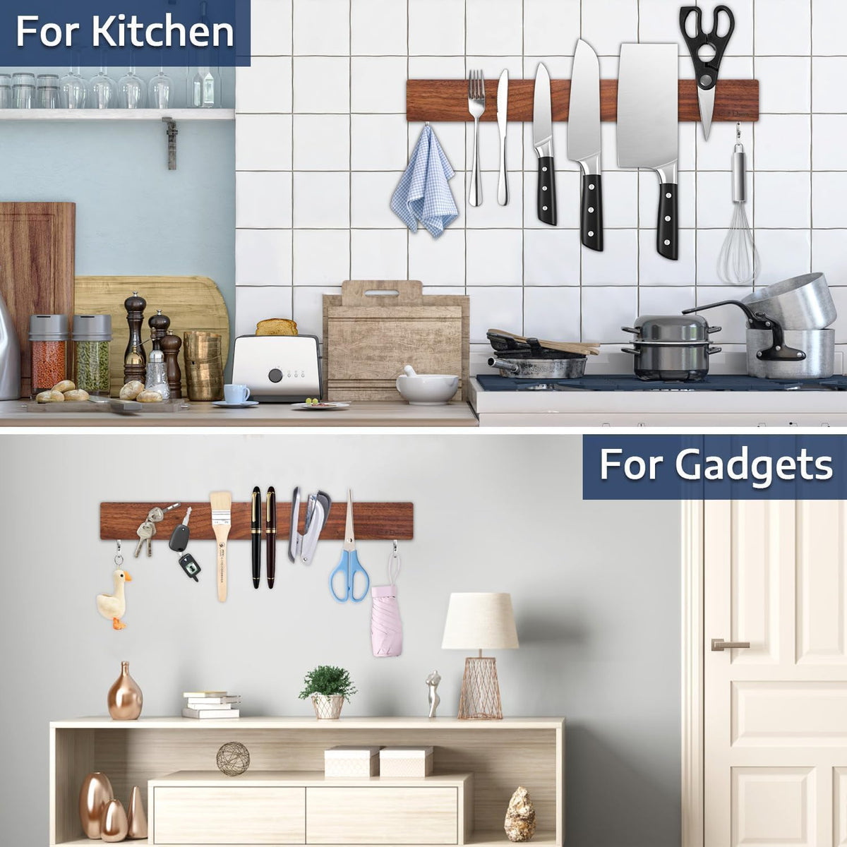 Dmore magnetic knife holder for wall—with 3 hooks, No Drilling, 16 Inch