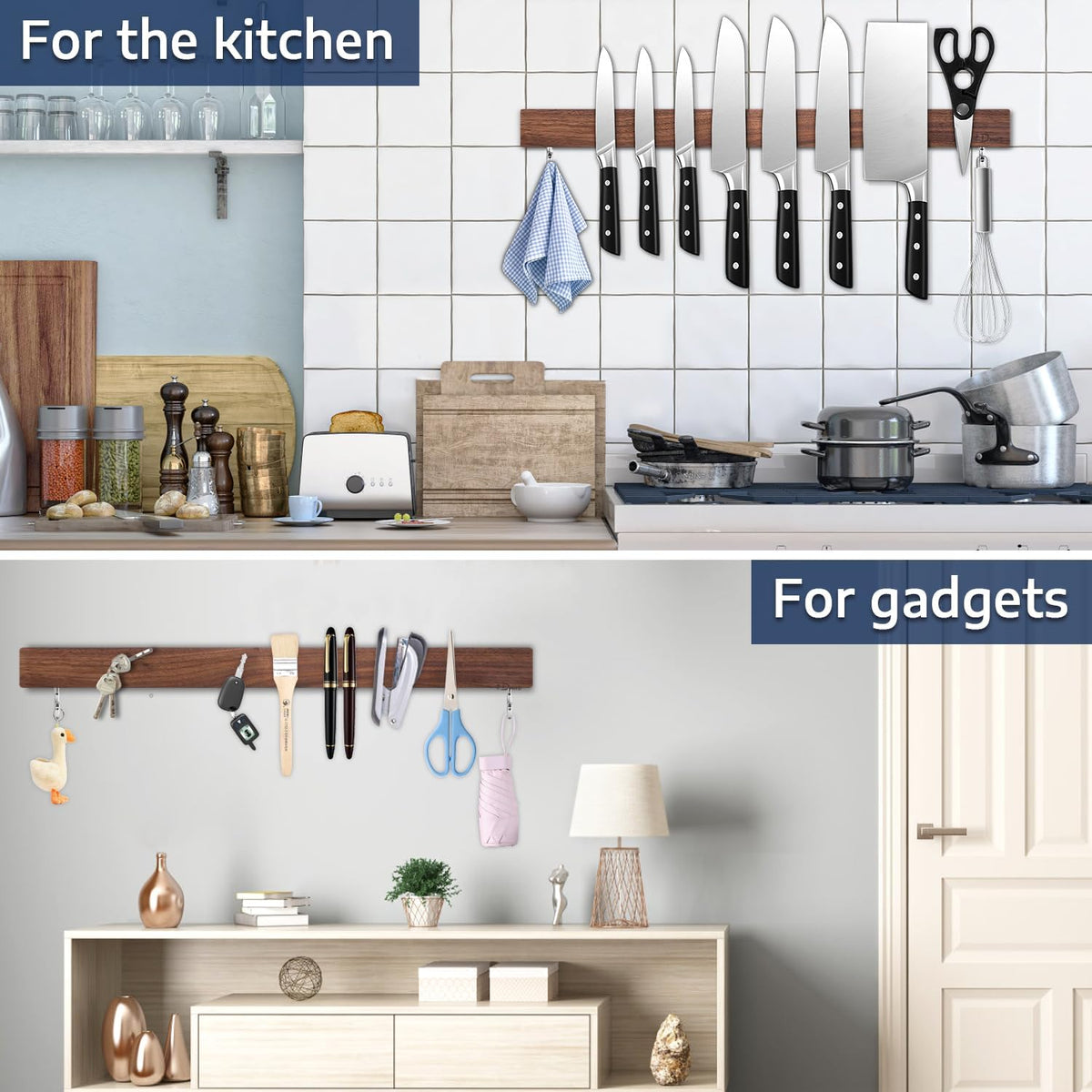 Dmore magnetic knife holder for wall—with 3 hooks, No Drilling, 16 Inch