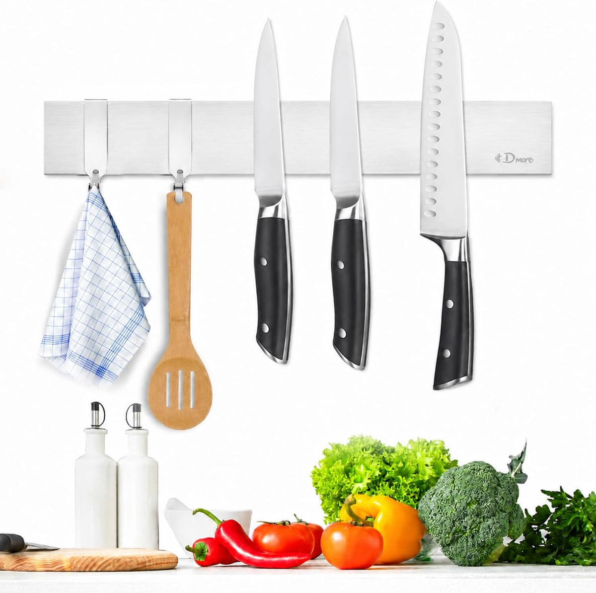 Dmore magnetic knife holder for wall—with 3 hooks, No Drilling, 16 Inch