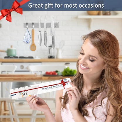 Dmore magnetic knife holder for wall—with 3 hooks, No Drilling, 16 Inch