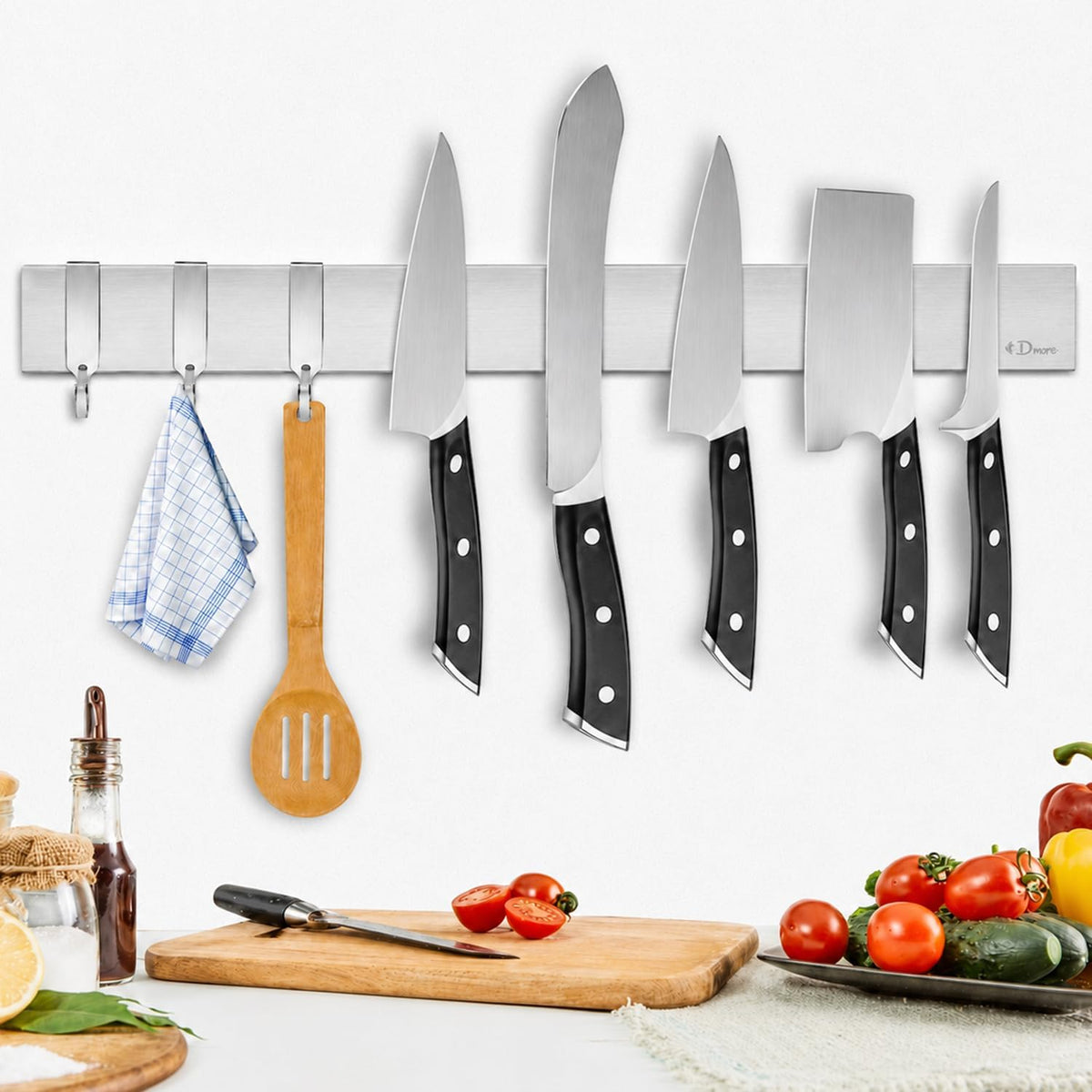 Dmore magnetic knife holder for wall—with 3 hooks, No Drilling, 16 Inch