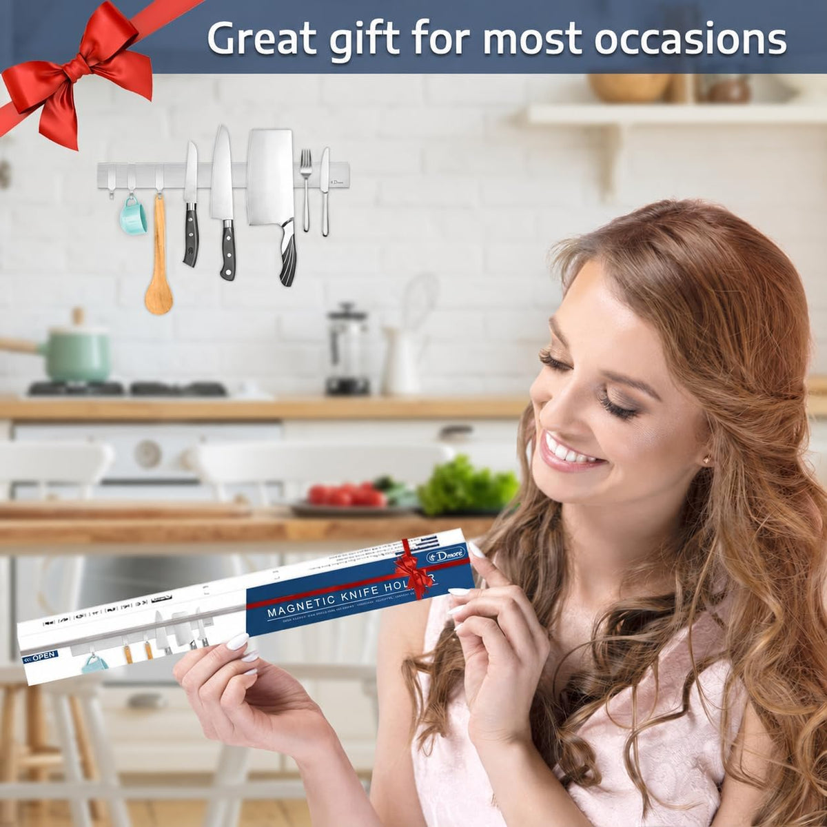 Dmore magnetic knife holder for wall—with 3 hooks, No Drilling, 16 Inch