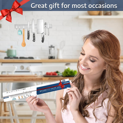 Dmore magnetic knife holder for wall—with 3 hooks, No Drilling, 16 Inch