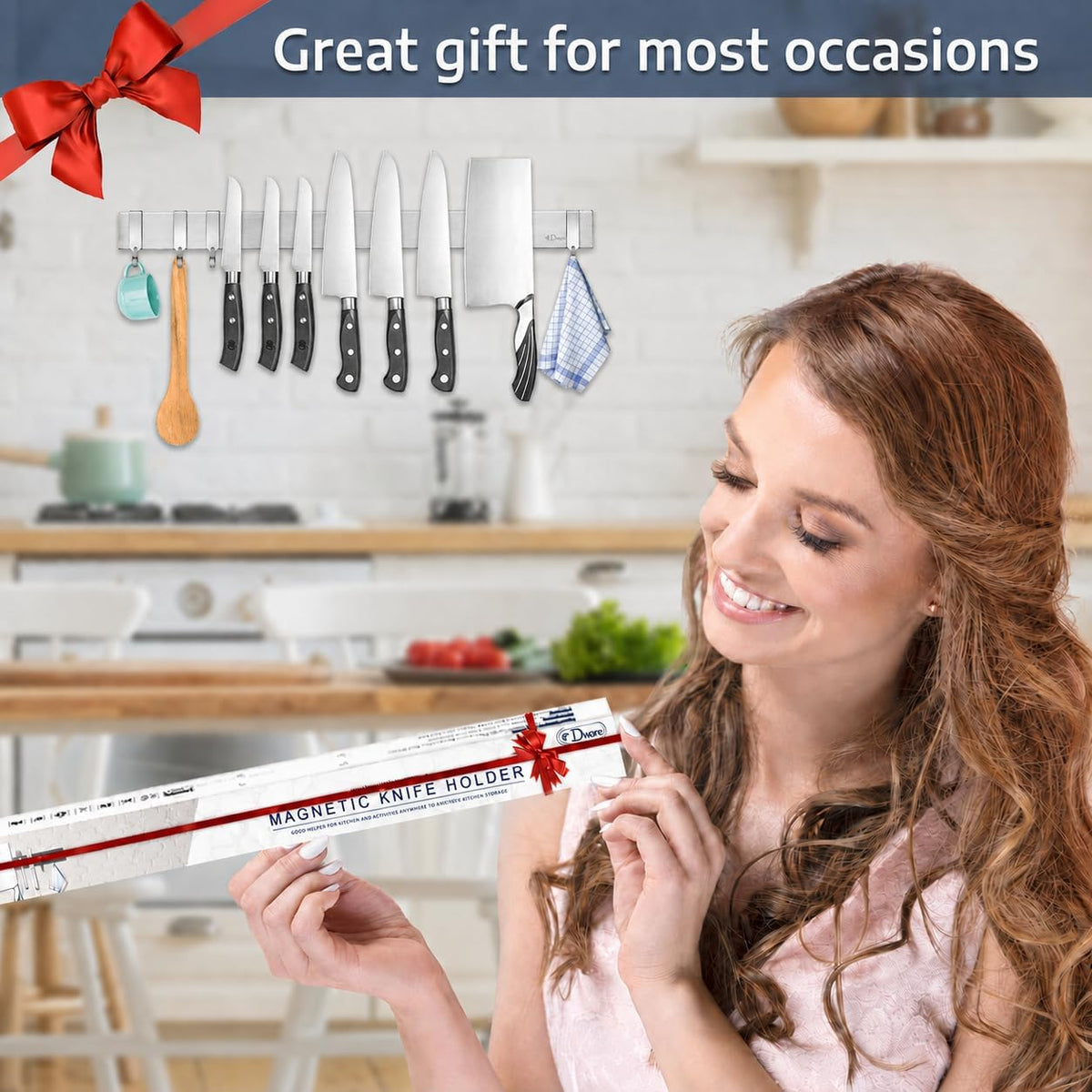 Dmore magnetic knife holder for wall—with 3 hooks, No Drilling, 16 Inch
