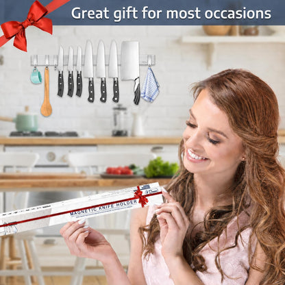 Dmore magnetic knife holder for wall—with 3 hooks, No Drilling, 16 Inch