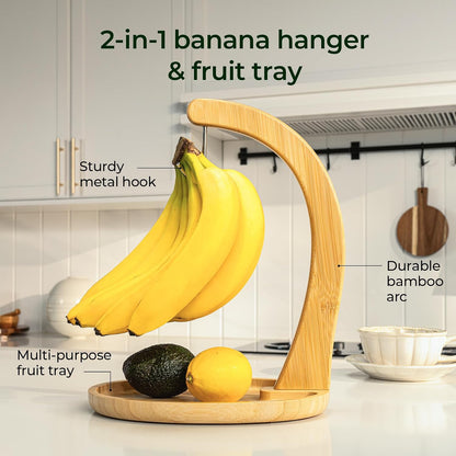 Bamboo Banana Holder with Fruit Tray – 12.9" Extra Tall Stand