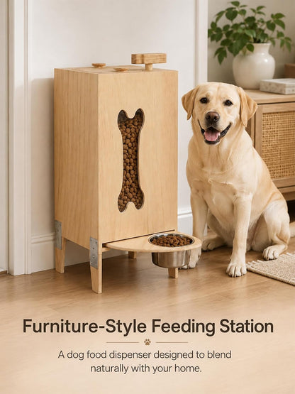 Wooden Dog Food Dispenser with Raised Bowl, Up to 30 lb Kibble Storage